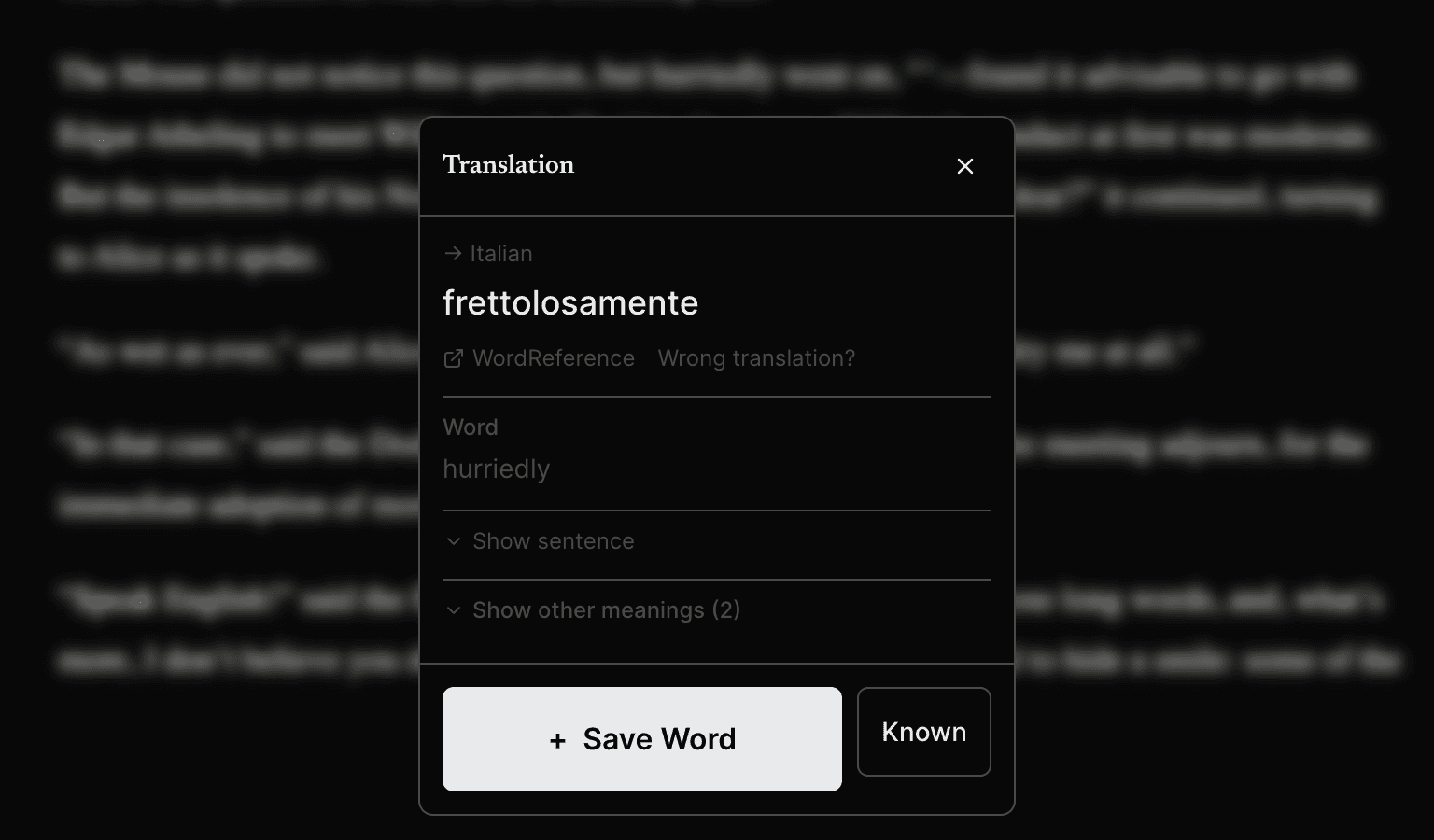 Lexis reader showing the English word 'hurriedly' tapped, with a translation popover open.